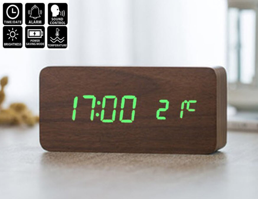 LED Wecker Digital Alarmwecker Uhr Kalender Holz Alarm Thermometer Tischuhr